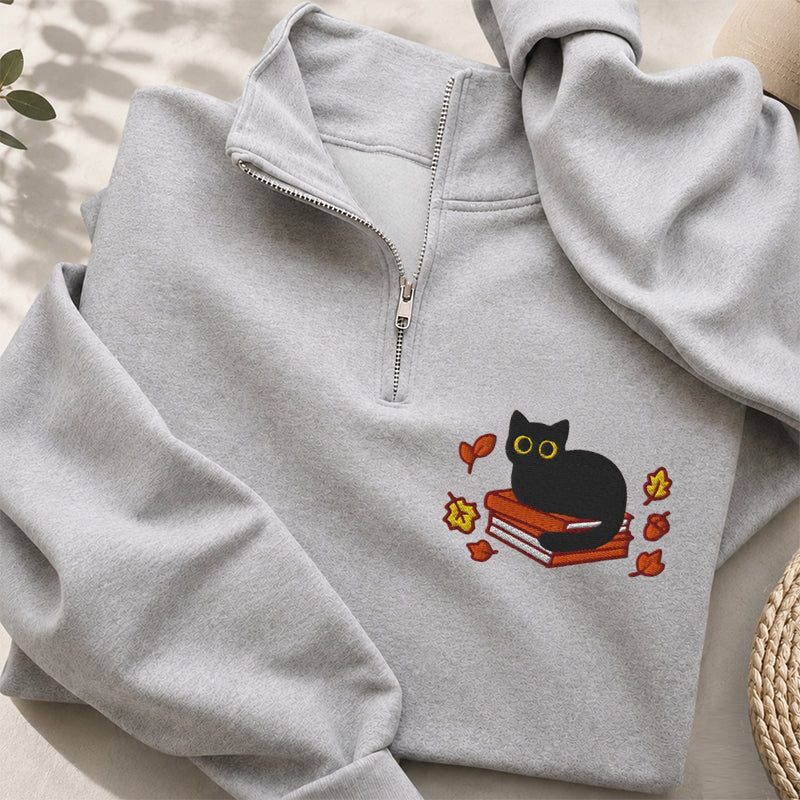 Embroidered Autumn Black Cat Book Classic Quarter Zip Sweatshirt