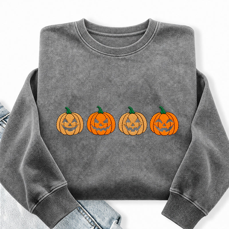 Embroidered Halloween Pumpkins Washed Crewneck Sweatshirt