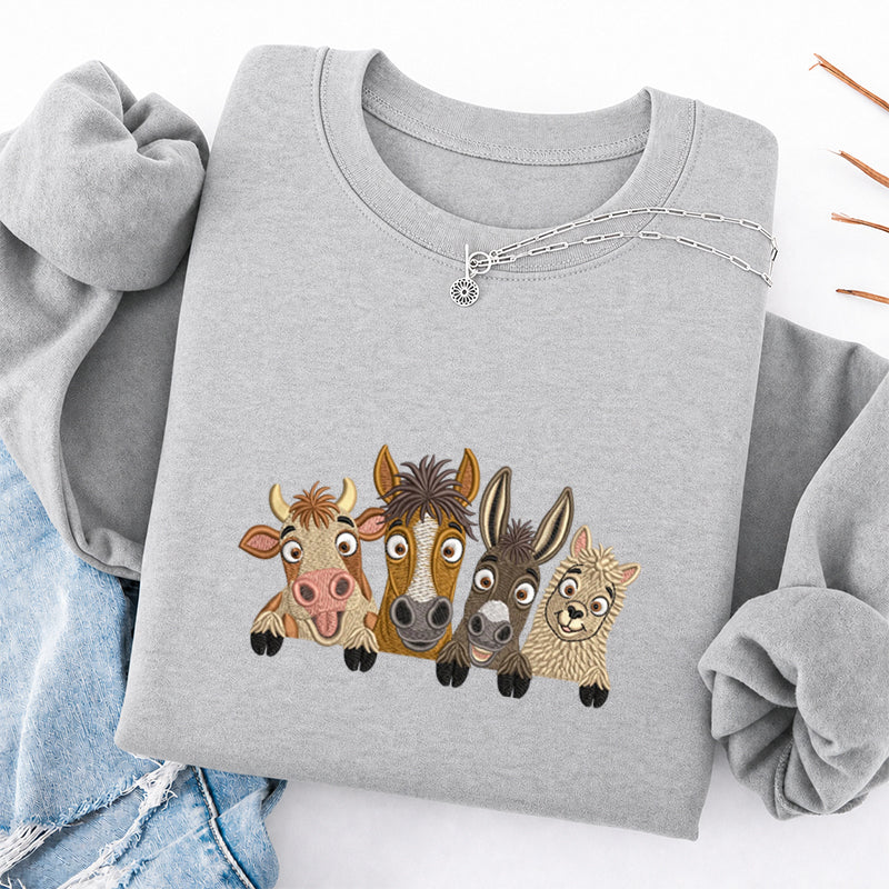 Embroidered Peeking Farm Animals Classic Crewneck Sweatshirt