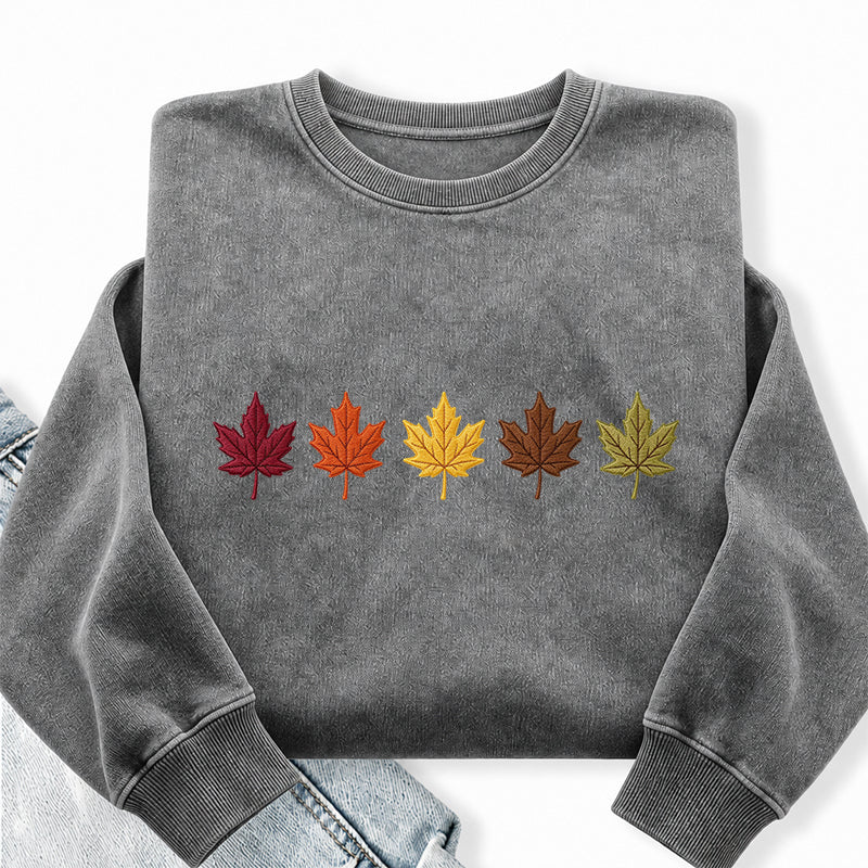 Embroidered Fall Maple Leaves Washed Crewneck Sweatshirt