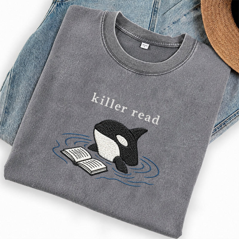 Embroidered Killer Read Orca Washed Crew Neck T-Shirt