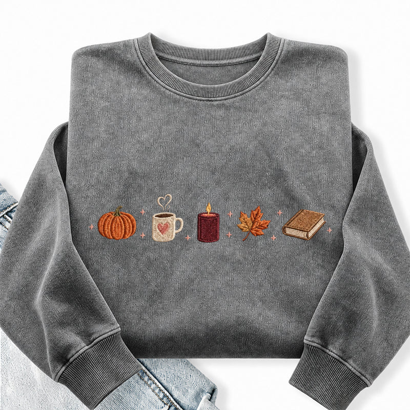 Embroidered Autumn Icons Washed Crewneck Sweatshirt