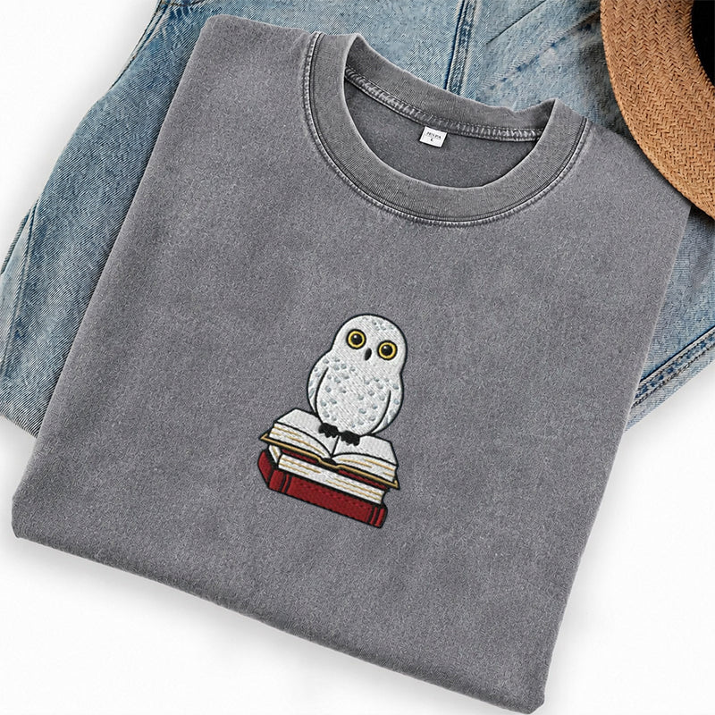 Embroidered Snow Owl On Bookstack Washed Crew Neck T-Shirt
