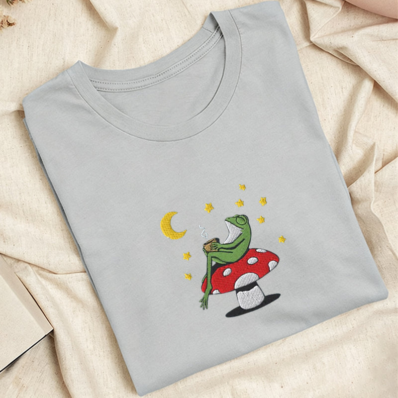 Embroidered Frog Night With Coffee Classic Adult Unisex Crew Neck T-Shirt