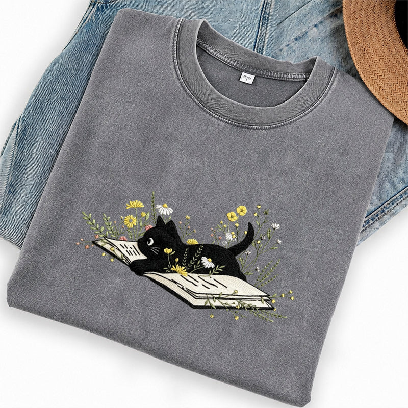 Embroidered Floral Book Cat Washed Crew Neck T-Shirt