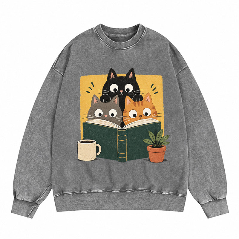 Retro Curious Reading Cats Washed Crewneck Sweatshirt