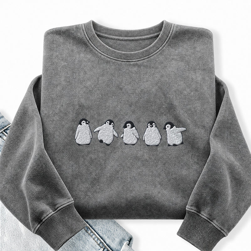Embroidered Cute Penguins Washed Crewneck Sweatshirt