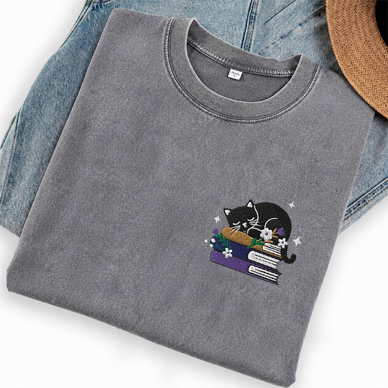 Embroidered Black Cat Floral Book Washed Crew Neck T-Shirt