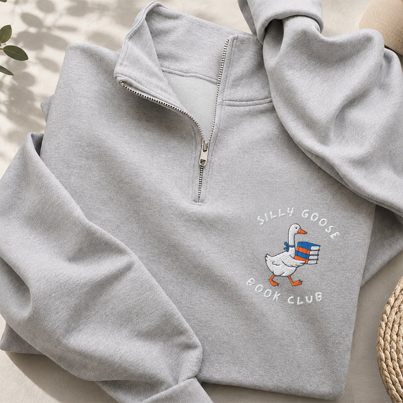 Embroidered Bookish Goose Classic Quarter Zip Sweatshirt
