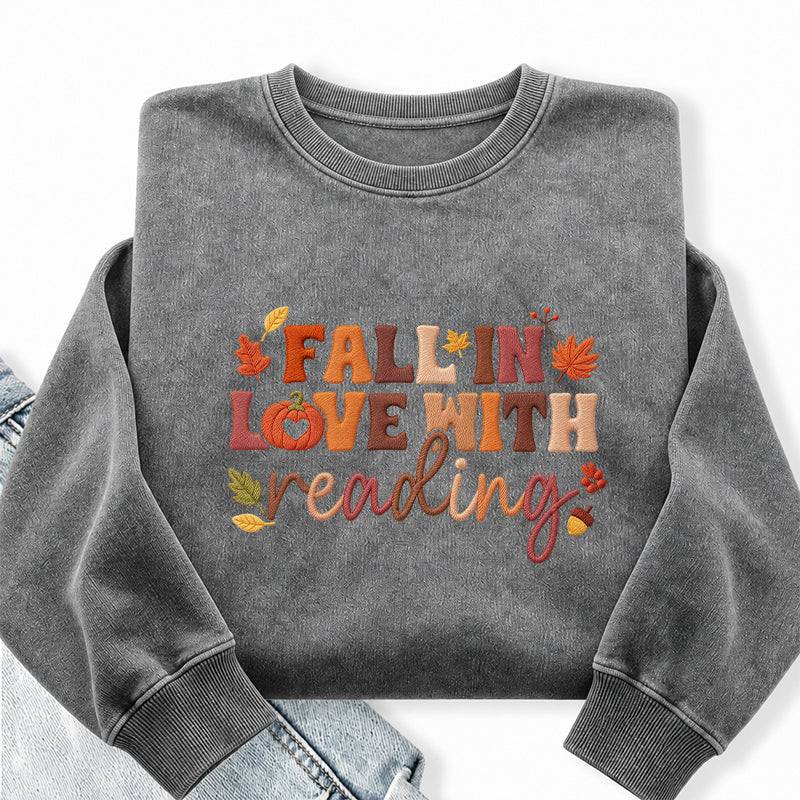 Embroidered Fall In Love With Reading Washed Crewneck Sweatshirt
