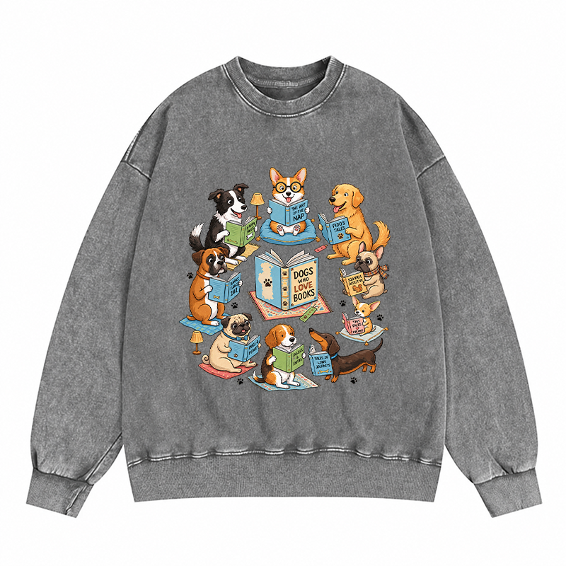 Dogs Who Love Books Reading Washed Crewneck Sweatshirt