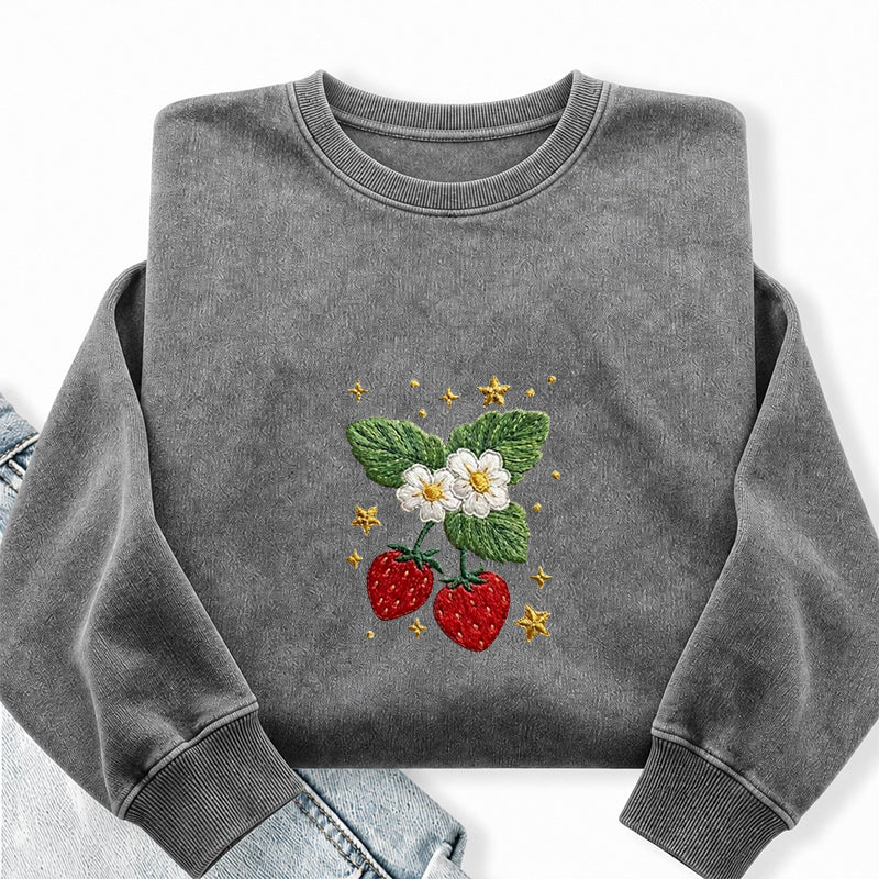 Embroidered Lovely Strawberry Washed Crewneck Sweatshirt