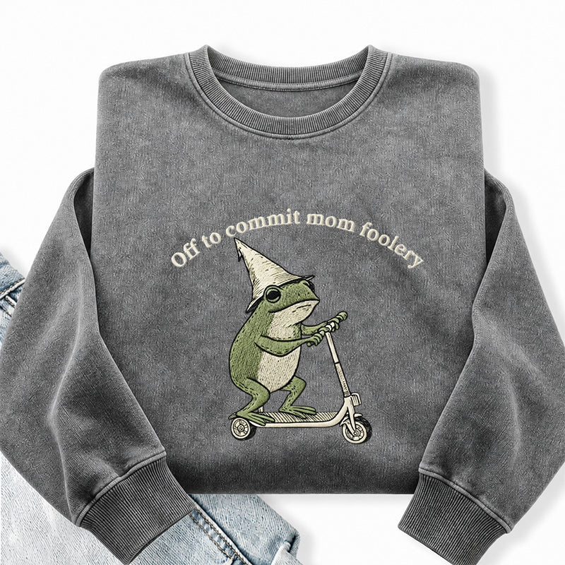 Embroidered Off To Commit Mom Foolery Washed Crewneck Sweatshirt