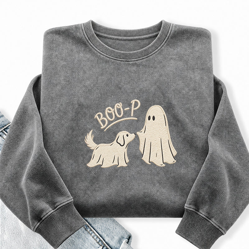 Embroidered Boo-P Ghost Dog Washed Crewneck Sweatshirt