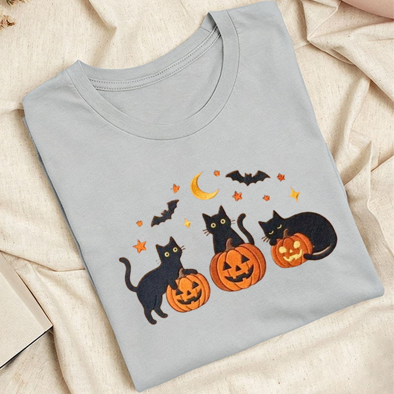 Embroidered Black Cats Pumpkins Classic Adult Unisex Crew Neck T-Shirt