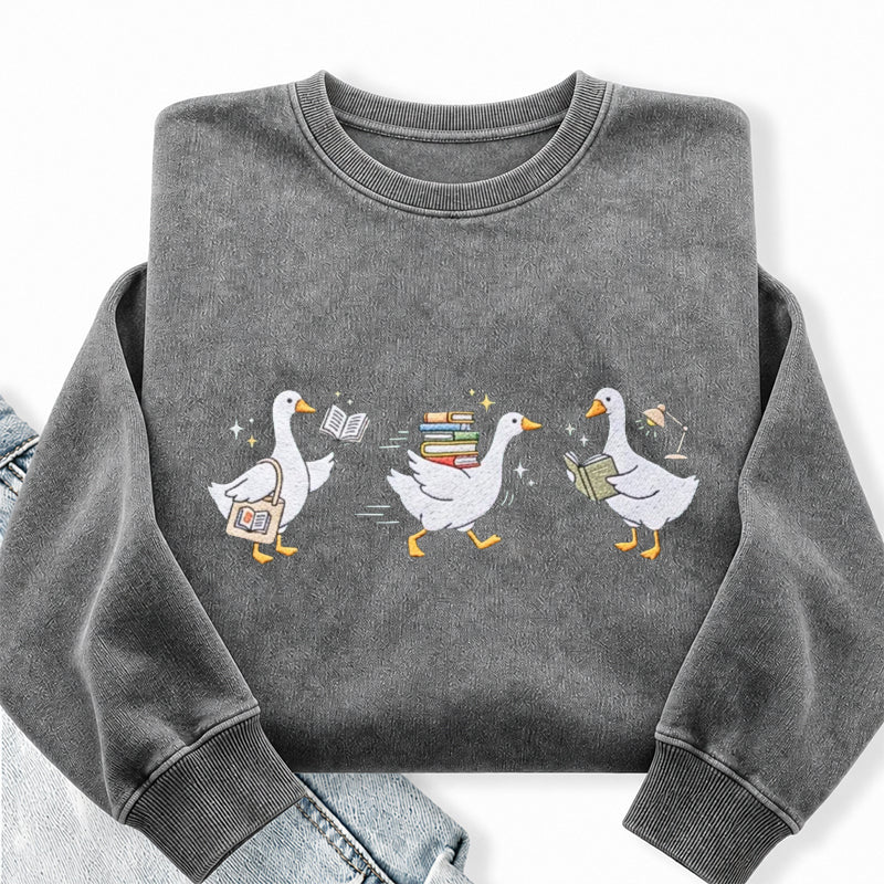 Embroidered Bookish Goose Washed Crewneck Sweatshirt