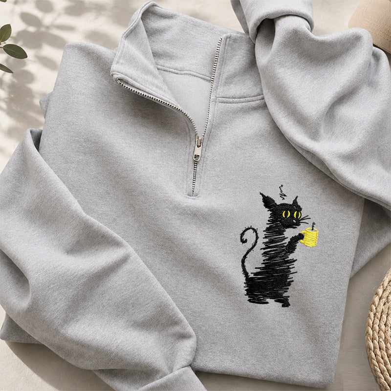 Embroidered Coffee Black Cat Classic Quarter Zip Sweatshirt