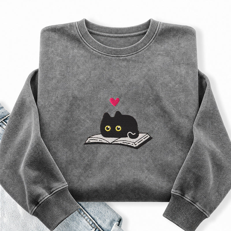 Embroidered Black Cat And Book Washed Crewneck Sweatshirt