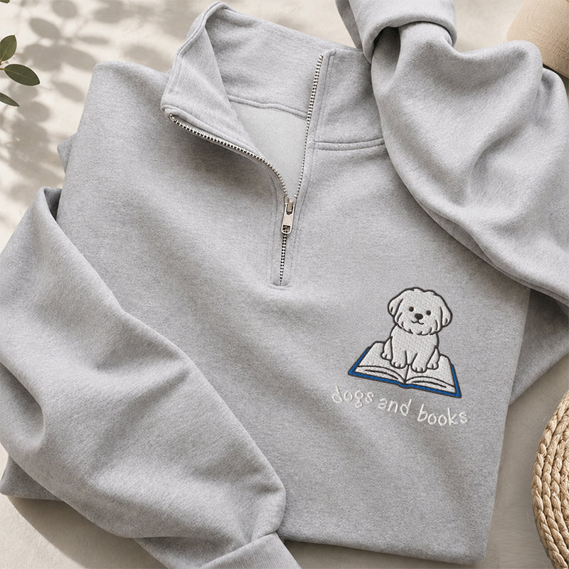 Embroidered Dogs And Books Classic Quarter Zip Sweatshirt