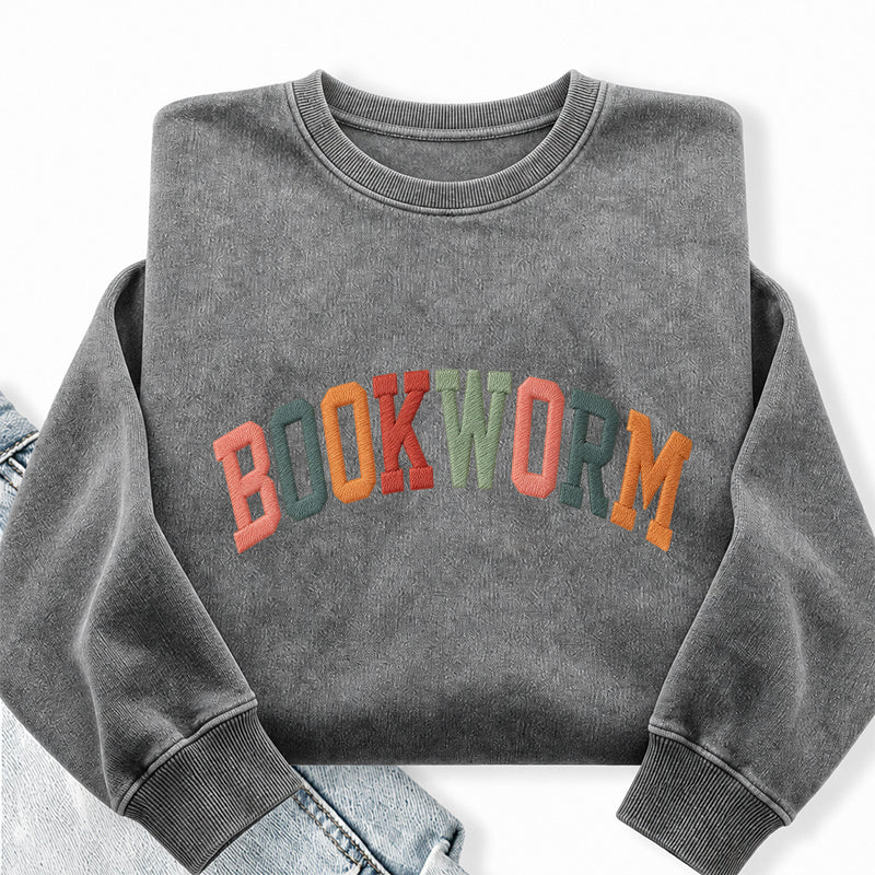 Embroidered Colorful Bookworm Washed Crewneck Sweatshirt