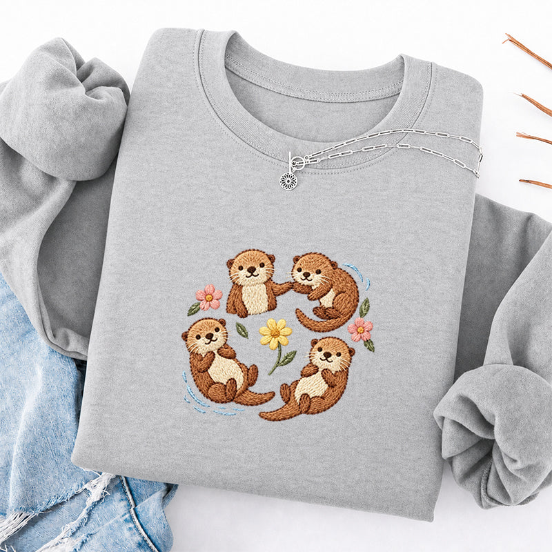 Embroidered Sea Otters And Flowers Classic Crewneck Sweatshirt