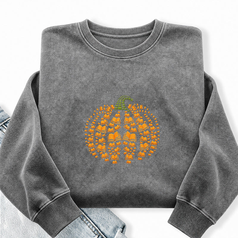 Embroidered Book Pumpkin Washed Crewneck Sweatshirt