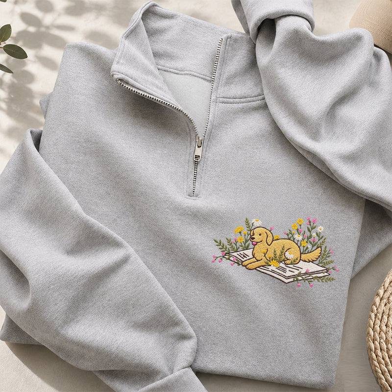 Embroidered Dog Lying On Book Classic Quarter Zip Sweatshirt