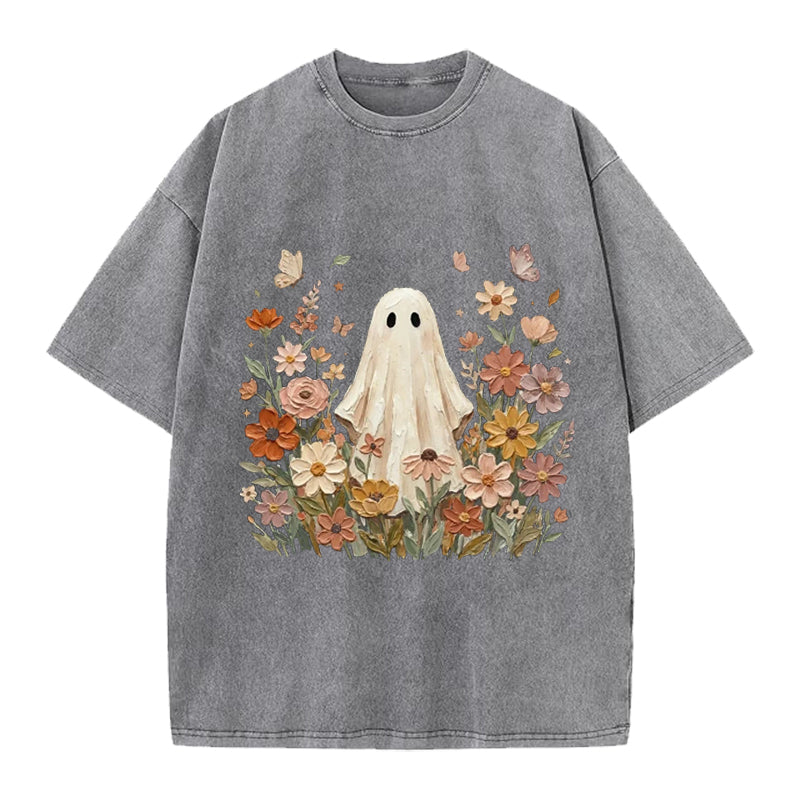 Vintage Ghost With Flowers Washed Crew Neck T-Shirt