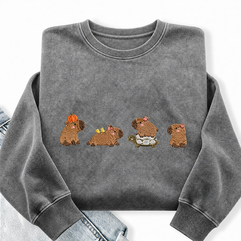 Embroidered Cute Capybara Washed Crewneck Sweatshirt