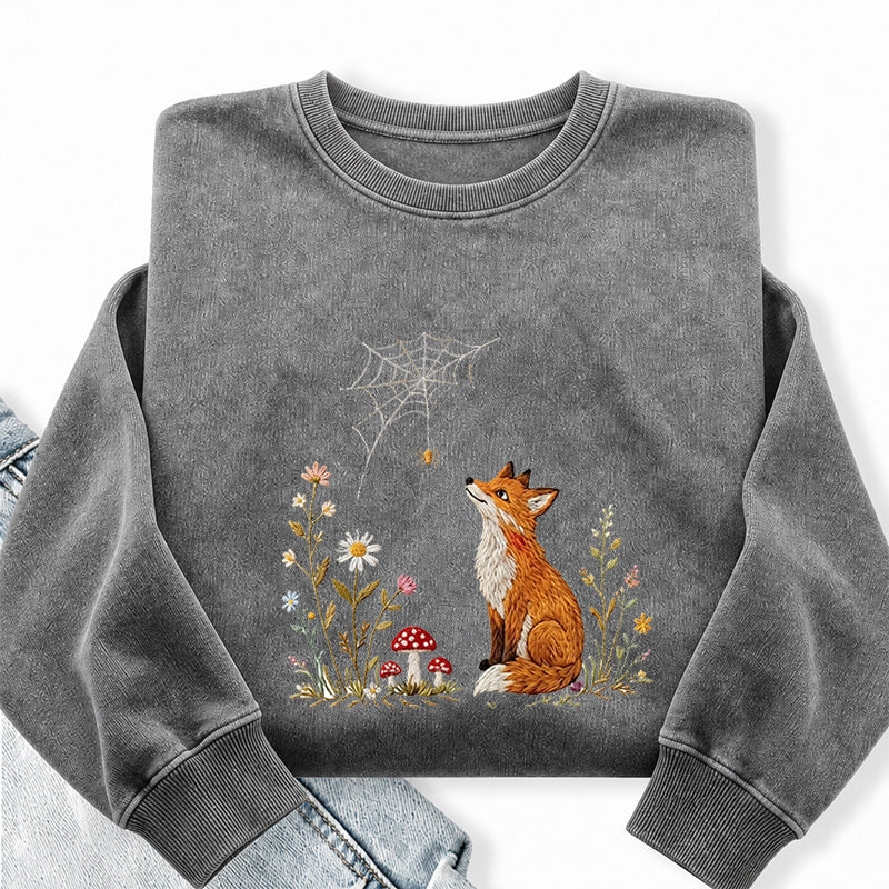 Embroidered Fox Cottagecore Washed Crewneck Sweatshirt