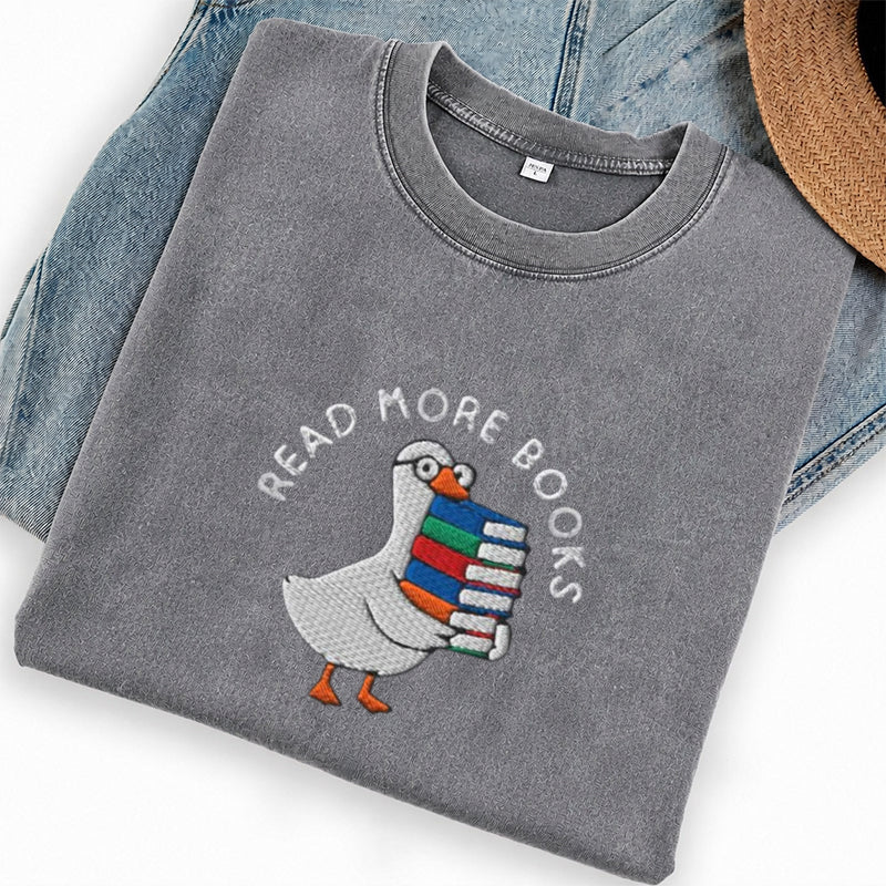 Embroidered Goose Read More Books Washed Crew Neck T-Shirt
