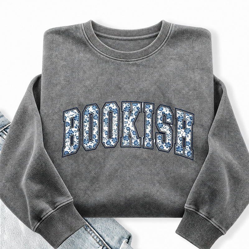Embroidered Retro Bookish Washed Crewneck Sweatshirt
