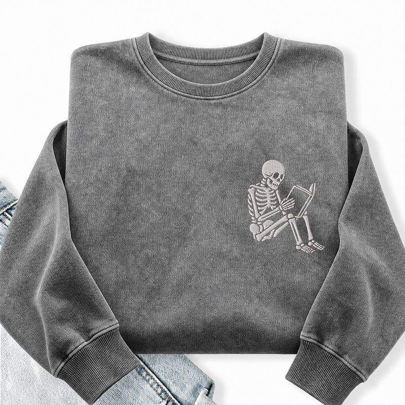 Embroidered Reading Skeleton Washed Crewneck Sweatshirt