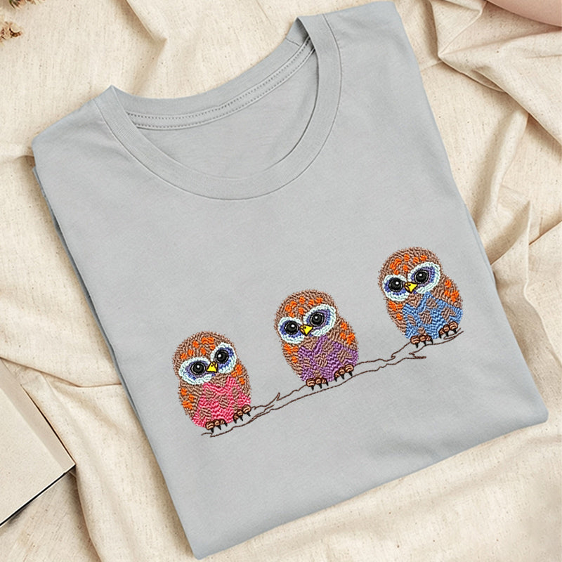 Embroidered Cute Owl Classic Adult Unisex Crew Neck T-Shirt