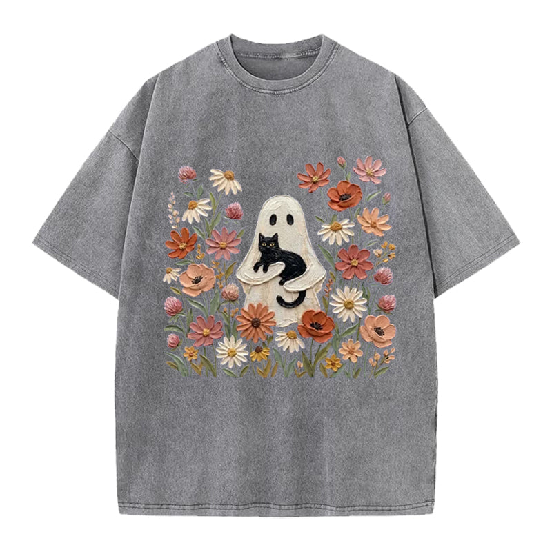 Black Cat Floral Ghost Washed Crew Neck T-Shirt