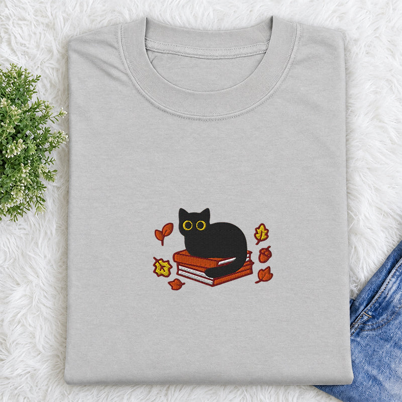 Embroidered Autumn Black Cat Book Classic Crew Neck T-Shirt