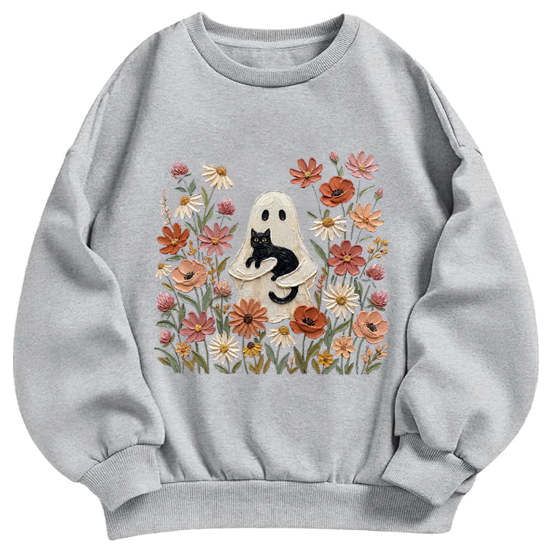 Ghost with Black Cat Floral Classic Adult Unisex Crewneck Sweatshirts