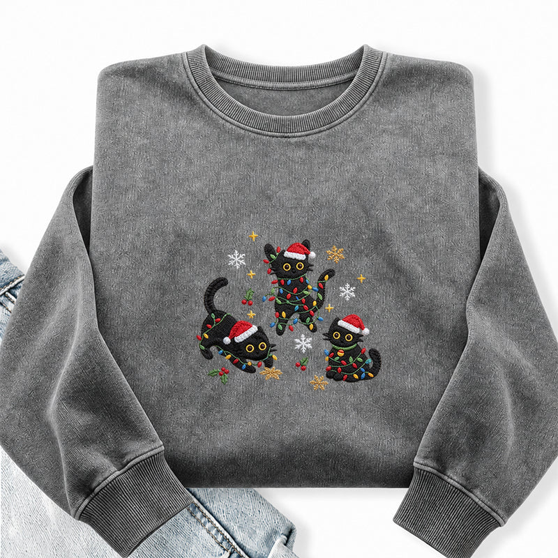 Embroidered Black Cat Christmas Washed Crewneck Sweatshirt