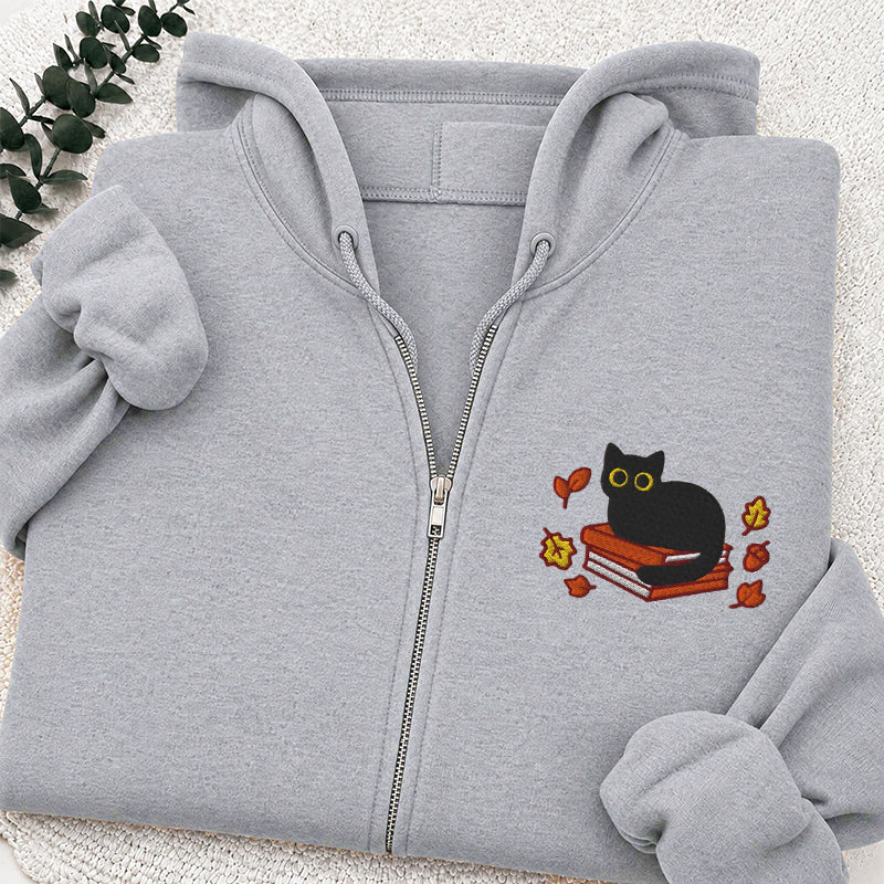 Embroidered Autumn Black Cat Book Classic Adult Unisex Full Zip Hoodie