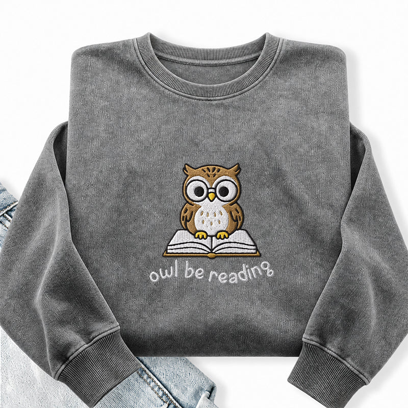 Embroidered Owl Be Reading Washed Crewneck Sweatshirt