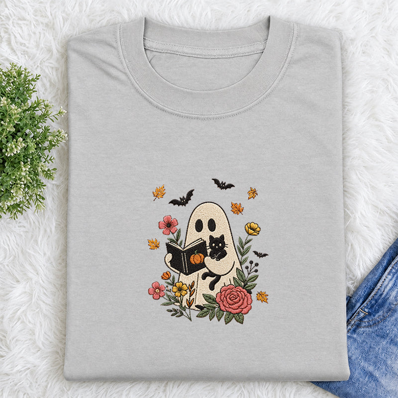 Embroidered Floral Ghost Reading Classic Crew Neck T-Shirt