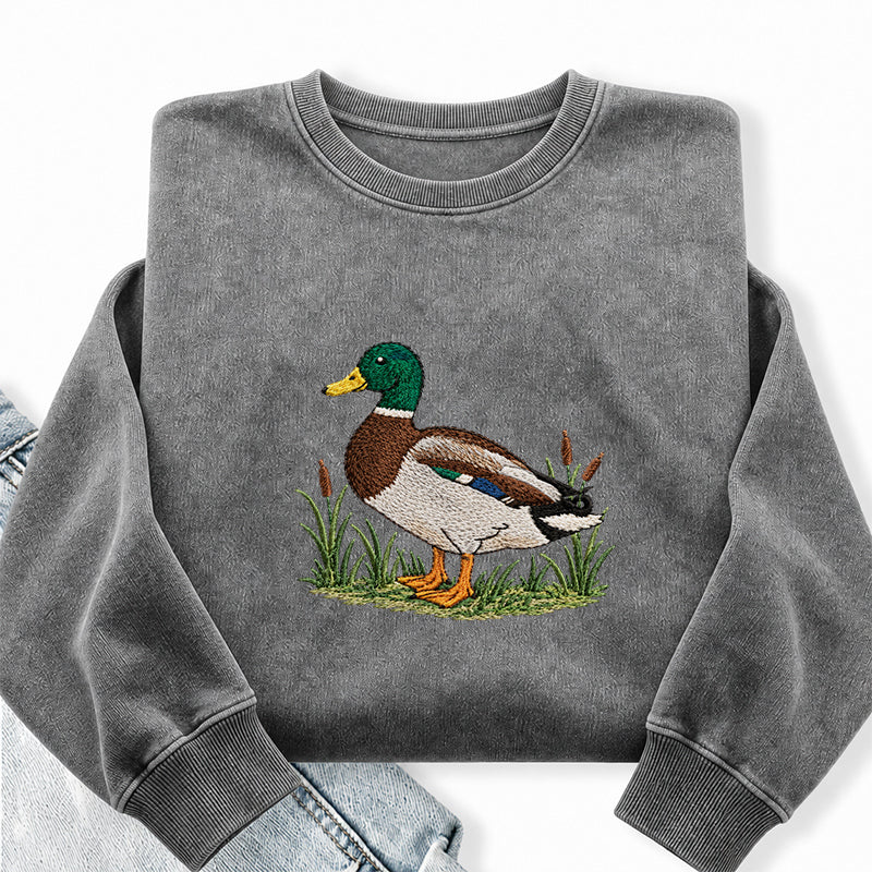 Embroidered Mallard Duck Washed Crewneck Sweatshirt