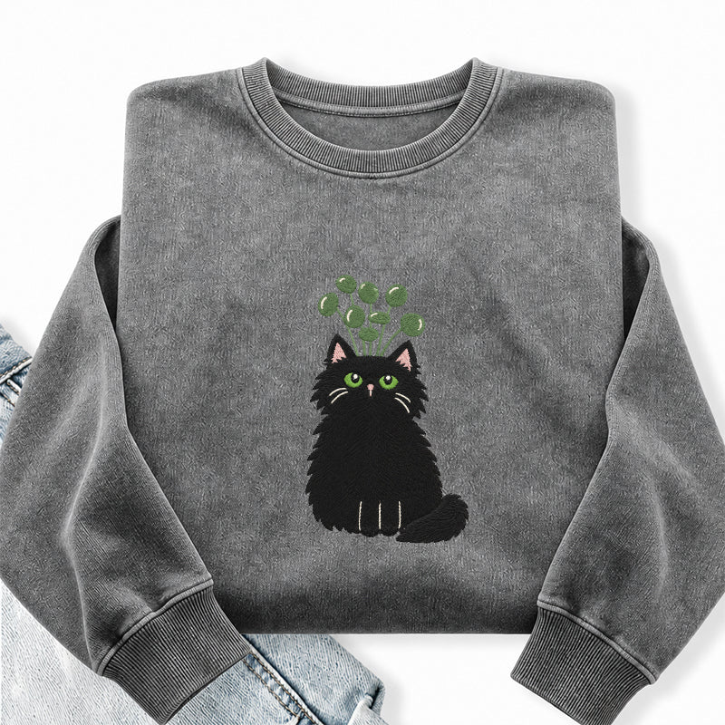 Embroidered Plant Black Cat Washed Crewneck Sweatshirt