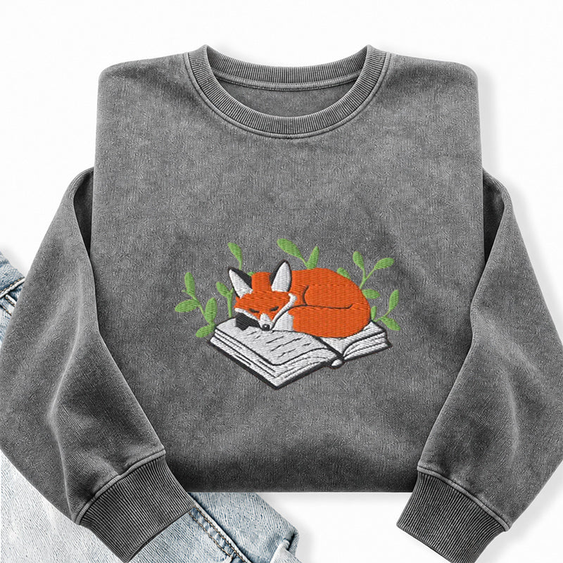 Embroidered Fox Book Nap Washed Crewneck Sweatshirt