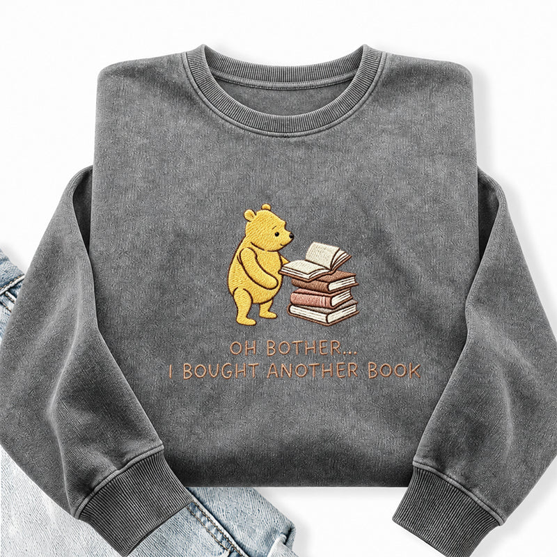 Embroidered Funny Bear Reading Books Washed Crewneck Sweatshirt