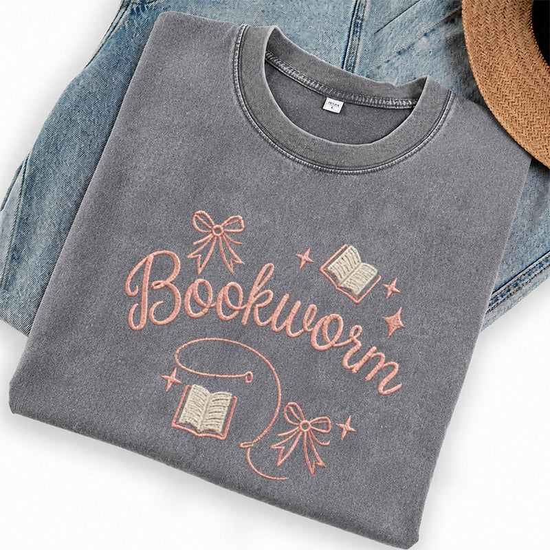 Embroidered Funny Bookworm Washed Crew Neck T-Shirt