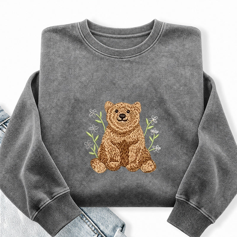 Embroidered Floral Bear Washed Crewneck Sweatshirt
