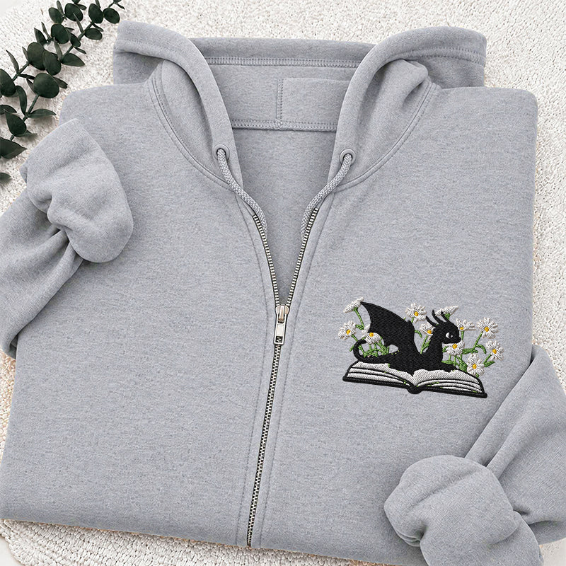 Embroidered Floral Dragon Book Classic Full Zip Hoodie
