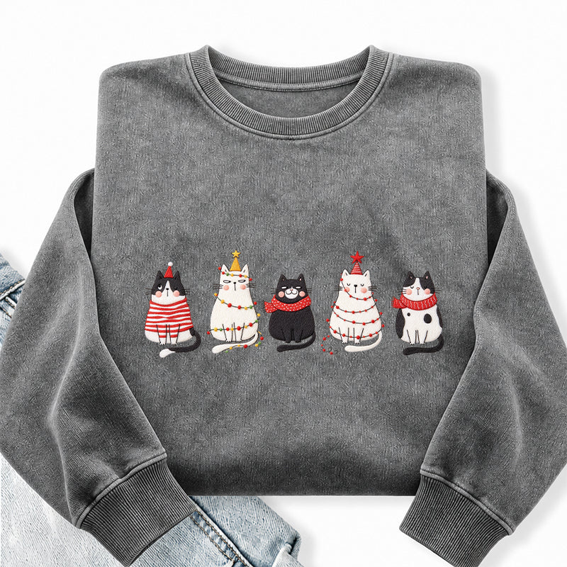 Embroidered Cute Cat Christmas Washed Crewneck Sweatshirt