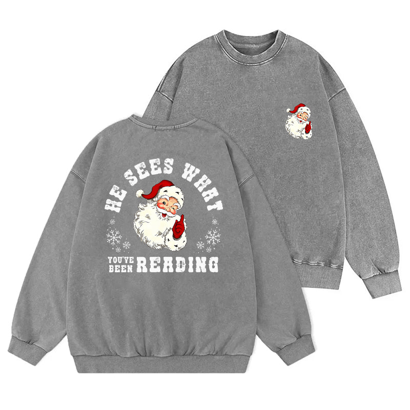 He Sees What You've Been Reading Santa Washed Crewneck Sweatshirt